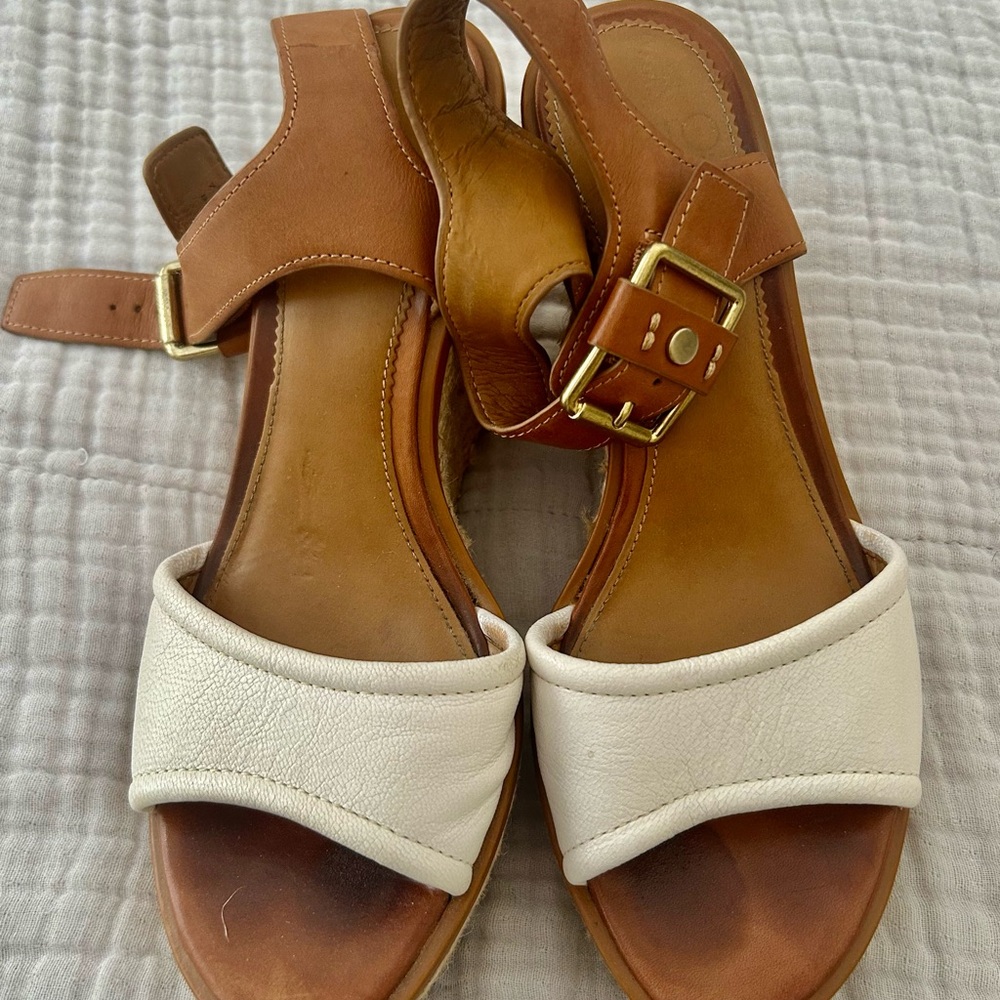 Franco Sarto Brown and Cream Sandals with Gold buckle detail heel appx 4”
